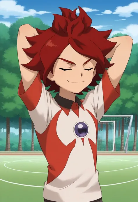 core_9, score_8_up, score_7_up, source_anime, highly detailed, slender, skinny, cute, 1boy, solo, male_focus,
nagumo, 1boy, male focus, solo, closed eyes, red hair, sportswear, soccer uniform, tree,
smile, upper body,
outdoor, stand, hands behind head