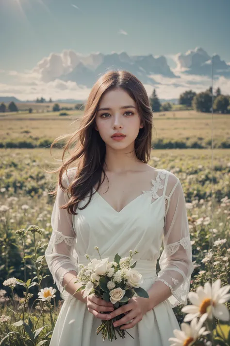 (realistic:1.3) , finely detailed, quality, (masterpiece:1.2) , (photorealistic:1.2) , (best quality) , (detailed skin:1.3) , (intricate details) , ray tracing, dramatic, 1 girl, (cute Ethereal Female), (film grain:1.2), Field, Meadow, Landscape, Farming, ...