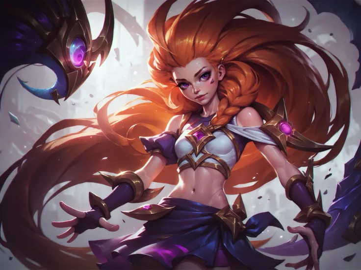 league of legends style, zoe \(league of legends\), purple eyes , long hair, broken clothes,  orange hair, crop top , midriff , ...