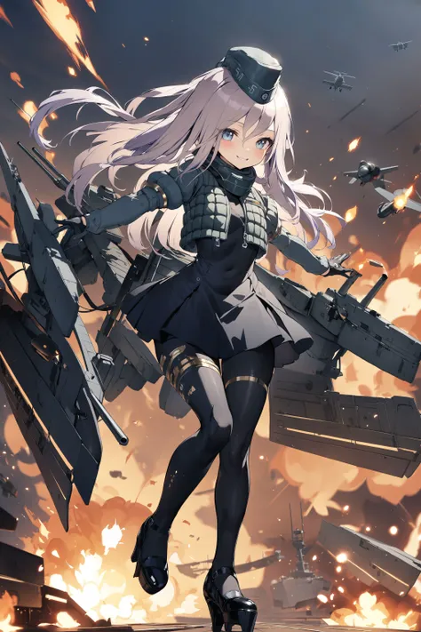 , masterpiece, absurdres, high detail, uhd, aircraft_carrier, deck, explosion, fire sparkle,
standing, evil smile, 
solo, chibi, u-511 (pump), military uniform, garrison cap, radio antenna, cropped jacket, puffy sleeves, long sleeves, gloves, black dress, ...