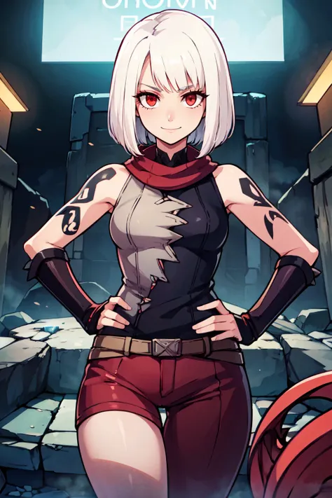 ((masterpiece,best quality)), absurdres, <lora:IllyasvielVonEinzbern_v1:0.8>,    zzIllya, white hair, red eyes,, as a ((monster hunter)) with ((angled bob haircut)) Blending sci-fi, cyberpunk, and glowing tattoos with futuristic weapons, inside a crystal c...