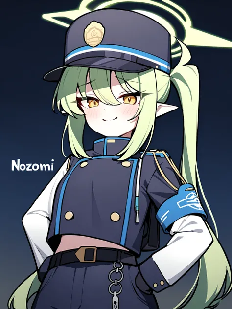 1girl,nozomi (blue archive), blue archive, solo, long hair, hat, green hair, pointy ears, halo, yellow eyes, peaked cap, jacket, black gloves, hand on own hip, closed mouth, hair over one eye, looking at viewer, brown necktie, large breasts, eyes visible t...