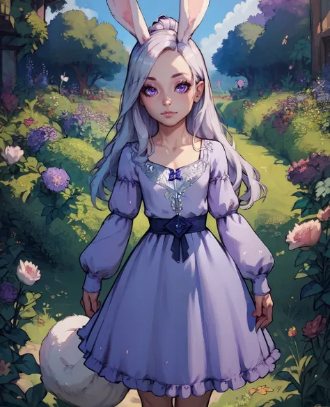 score_9,score_8_up,score_7_up,score_6_up,elinxl,long hair,tail,rabbit ears,dress,standing,purple eyes,rabbit tail,looking at viewer,
fields,sunny,garden,<lora:elinXL:1>,