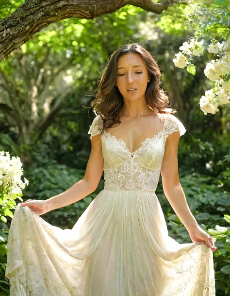 Taylor Alesia enchanted in a lush secret garden as the dappled sunlight filtered through an ancient tree canopy, the woman clad in her flowing ivory gown with delicate lace trim and a subtle sparkle at the bodice, held a vintage floral arrangement graceful...