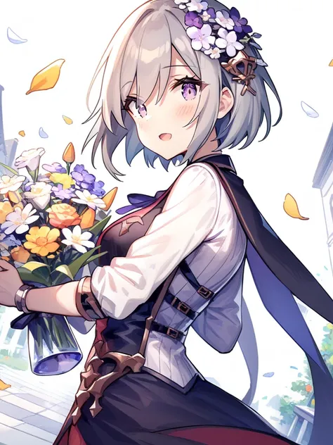 <lora:marie:0.8>,marie,short hair,silver hair,1girl,solo,flower,white background,, masterpiece, best quality, very aesthetic, absurdres