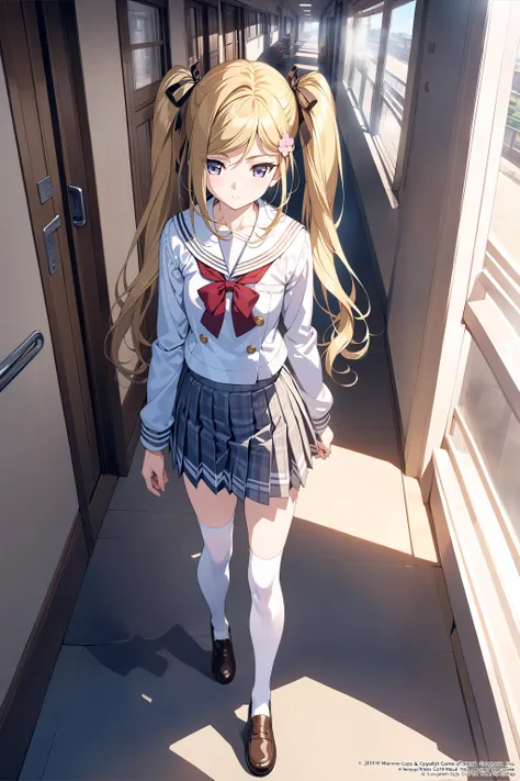 , masterpiece, absurdres, high detail, official art, 8k,
school, hallway, morning, isometric,
walking, expressionless,
solo, mafuyu, twintails, long hair, white serafuku, skirt, long_sleeves, ribbon, school_uniform, plated_skirt, shoes, white legwear,
<lor...