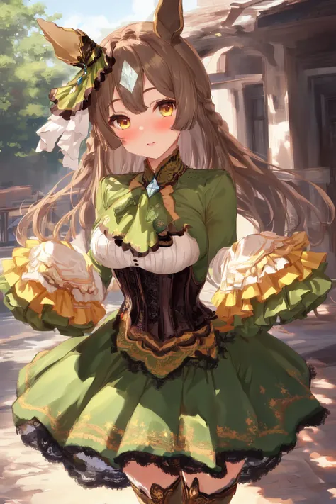 satono diamond (umamusume),1girlblack thighhighs, sleeves past wrists, frills, long sleeves, dress, sleeves past fingers, blush, green skirt, white footwear, corset,
 <lora:satono_diamond_V1.1:1> <lora:GoodHands-vanilla:1>