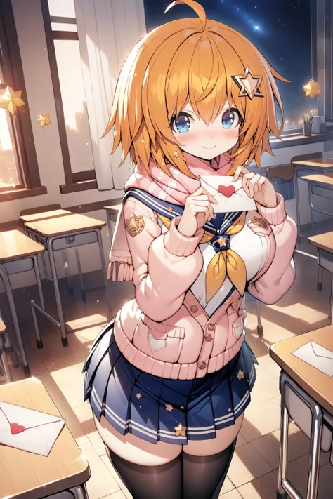 , masterpiece, absurdres, high detail, official art, 8k,
classroom, desk, curtains, window, night, starry sky,
standing, holding letter, love letter, light smile, blush,
, tkle, orange hair, short hair, star hair ornament, serafuku, sailor collar, long sle...