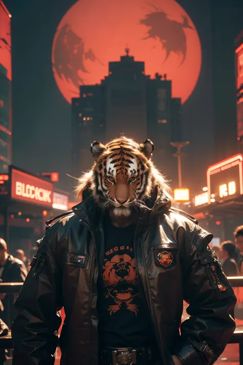 masterpiece,best quality,8K,official art,ultra high res,male_humen_body,(Tiger_head:1.3)roar,(cyberpunk_scenery_background:1.2),mecha,(red | black theme:1.5)night,