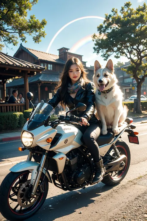 very beautiful,high quality,(a dog riding a motorcycle:1.1),corgi,dog,solo,(motor vehicle:1.2),riding,scarf,running on the rainbow,tree,extreme perspective,looking up at the camera,rainbow,furry,3d style,C4D,blender,kawaii,water spray,speed,bifrost,(master...