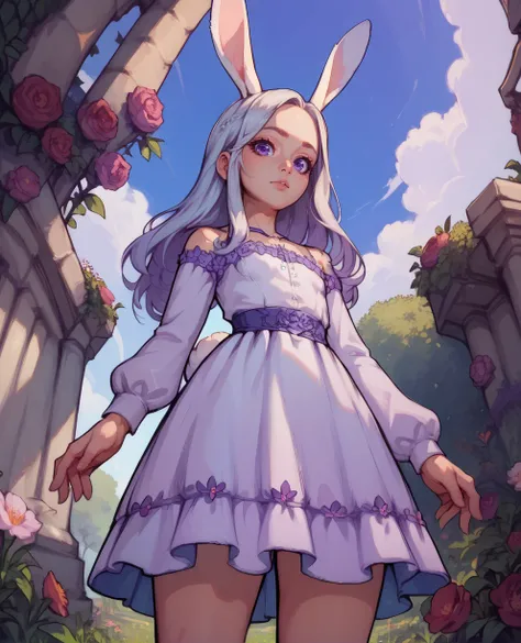 score_9,score_8_up,score_7_up,score_6_up,elinxl,long hair,tail,rabbit ears,dress,standing,purple eyes,rabbit tail,looking at viewer,
fields,sunny,garden,<lora:elinXL:1>,from below,