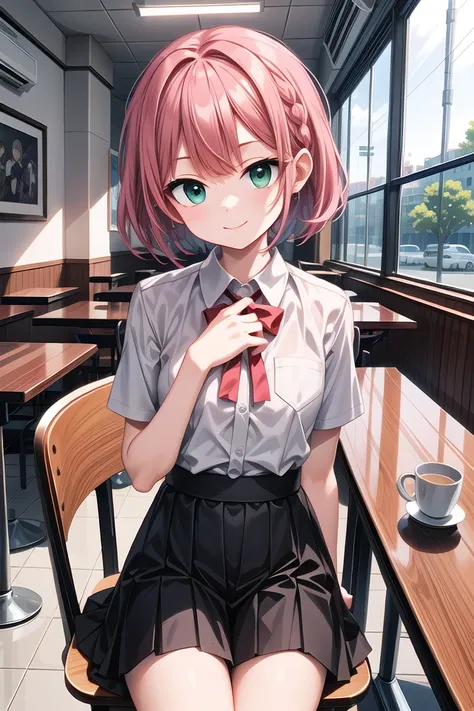 insanely detailed, absurdres, ultra-highres, ultra-detailed, best quality,
1girl, solo, nice hands, perfect hands,
BREAK,
wearing summer school uniform,
smile, closed mouth,
sitting on chair in front of table,
45 angle, cowboy shot, looking at viewer,
BREA...