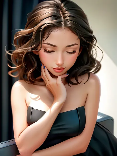 Realistic photo of a beautiful d4r14sh woman, 1girl, solo, long hair, breasts, brown hair, dress, bare shoulders, medium breasts, closed eyes, nail polish, mole, hair over one eye, black dress, strapless, short dress, strapless dress, realistic, off-should...