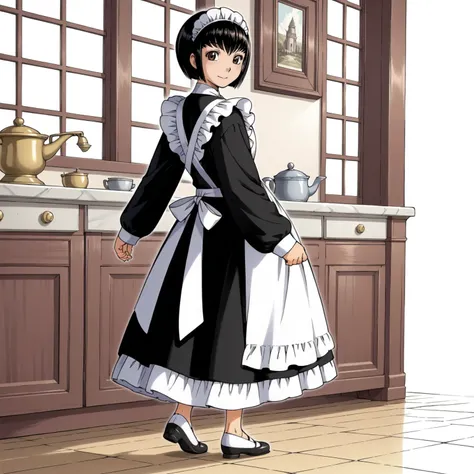 <lora:ShirleyMXLpony001>,
smile,
solo,
ShirleyM,1girl,black hair,bob cut,brown eyes,
maid,long_sleeves,
full body,standing,looking back,