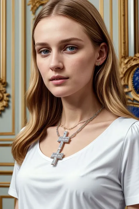 <lora:kawaii7.1.3_obj20:0.75:0.25>, European woman, closeup, (shirt), pants, (buckingham palace), cross necklace , ZM_lisa, wide shoulders, perfect face, (contact iris: 1.1), pale skin, skin pores , depth of field