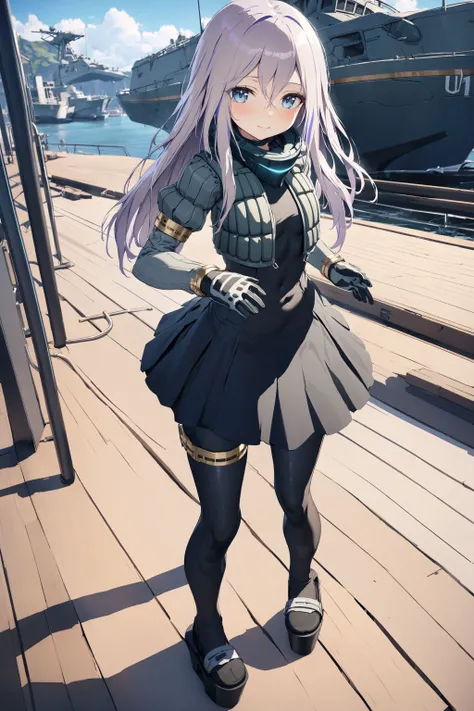 , masterpiece, absurdres, high detail, uhd, outdoors, port, wodden deck, sky, cloud,
standing, light smile,
solo, u-511 (pump), military uniform, no headwear, cropped jacket, puffy sleeves, long sleeves, gloves, black dress, black pantyhose, platform footw...