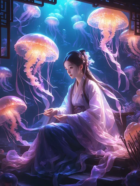 chaloujiusi,1hanfu girl,glowing jellyfish neon light,sitting,wariza,(cute illustration:1.2),absurd-resolution,ultra-detailed,best quality,