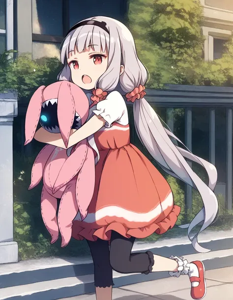 1girl, solo, best quality, score_9, score_7, open mouth,
venera, hairband, hair scrunchie, red dress, white shirt, puffy short sleeves, vertical-striped shirt, leggings, mary janes, socks, holding stuffed toy, 
<lora:veneraXLpony_v1:0.8>