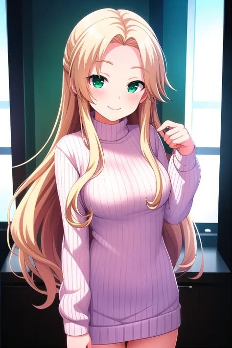 (masterpiece, best quality), highly detailed background, perfect lightingbest quality, hayashidakira, solo, indoors, bedroom, blonde hair, parted bangs, forehead, very long hair, green eyes, medium breasts, white sweater, sweater dress, aran sweater, ribbe...