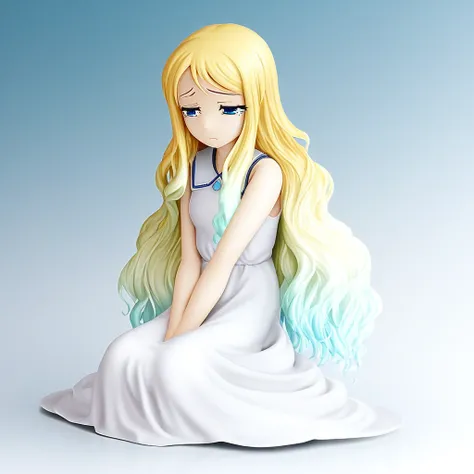 , solo, blonde hair, blue eyes, sitting, half-closed eyes, sad, white dress, long hair, gradient hair