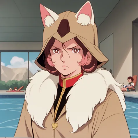 (GZND79:0.8), (score_9, score_8_up, score_7_up, score_6_up, source_anime:0.7), 1girl, catgirl, brown pupils, scowl, heart hair bun, multicolored hair, surcoat, micro shorts, feather boa, lower body, holding helmet, indoors, poolside, white animal ear fluff