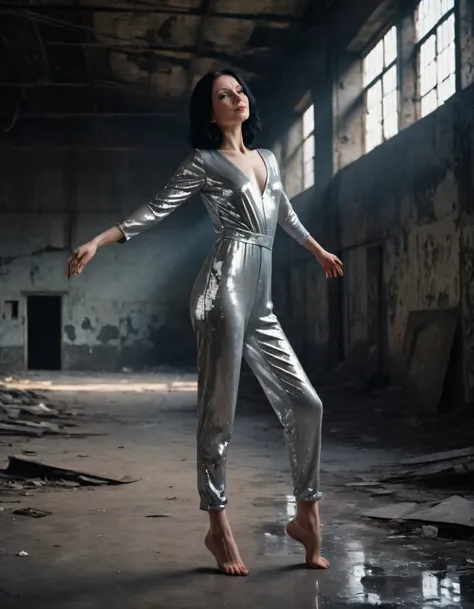 In this eerie scene captured by Leanid Pavel, the woman with porcelain skin and raven-black hair glistens amidst a moody atmosphere inside an abandoned warehouse, her radiance accentuated in the dim lighting as she stands tall and confident wearing a shimm...