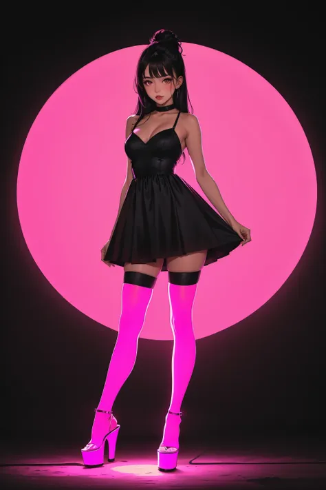 1girl, glowing neon pink platform heels, glowing neon pink thighhighs, black hair, brown eyes, black dress, <lora:neonthighlinge...