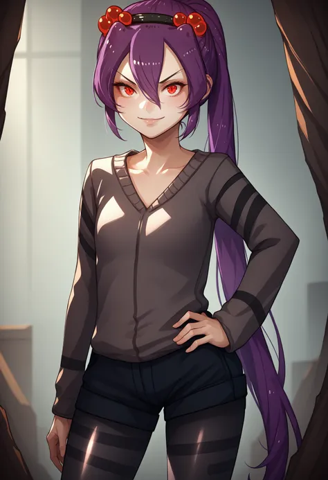 score_9, score_8_up, score_7_up, source_anime, 1girl, solo,  <lora:Spiderchan_XLPD:1>, Spider-chan, purple hair, red eyes, ponytail, hair ornament, hair between eyes, hair bobbles, long hair, bangs, black pantyhose, long sleeves, collarbone, short shorts, ...