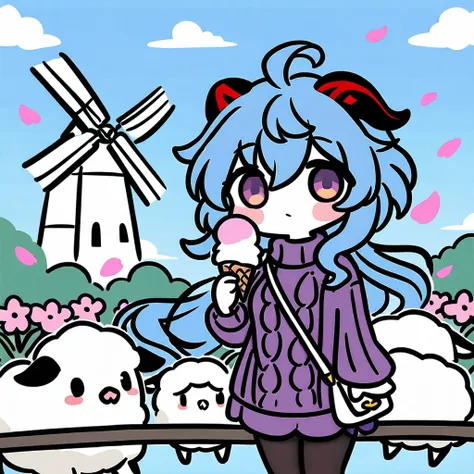 flat-color-style, chibi, 1girl, ganyu (genshin impact), solo, outdoors, long hair, goat horns, ice cream, horns, flower, purple eyes, blue hair, sweater, petals, looking at viewer, pantyhose, food, bag, turtleneck, ahoge, bangs, blush, windmill, purple flo...