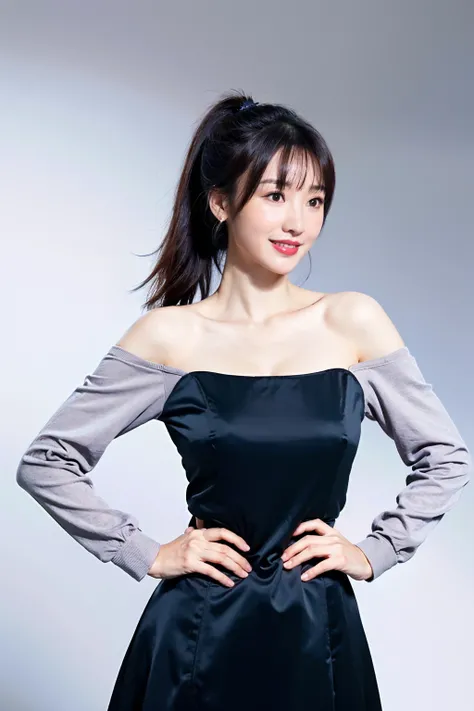 <lora:LiuYan1.0:0.75>,1girl,solo,ponytail,earrings,(looking to the side:1.2),long hair,smile,
jewelry,black dress,collarbone,long sleeves,hip vent,
hair grab,hand on own hip,(holding hair:1.2),
masterpiece,best quality,ultimate details,highres,8k,wallpaper...