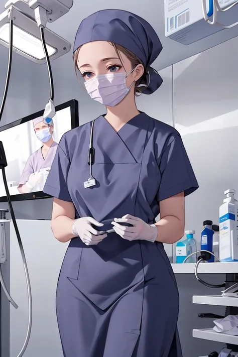 (RAW photo, best quality), operating room, overhead surgical light,blurred background, focused, dithering,backlighting,
 <lora:surgical_nurse_PPT_V1.0-000006:0.8> surgical_nurse_ppt, 1girl, surgical mask, gloves,long dress, nurse,