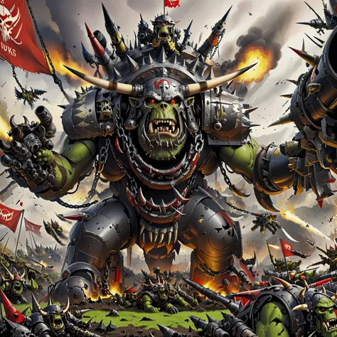 multiple warriors in a huge chaotic battle ,whorks, armor, spikes, horns, teeth, red eyes, helmet, tusks, skulls, armor, chain, cannon, mecha, bolts, rivets, crude, flags, rockets, explosions,