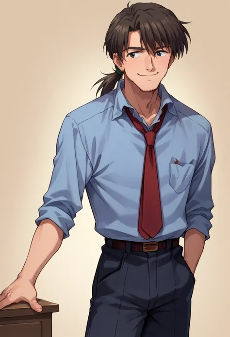 score_9, score_8_up, score_7_up,   source_anime,  kaji_blueshirt, <lora:Degen_Rouji_Kaji:1>,  pants, smile, closed mouth,  low ponytail, adjusting necktie, red tie,