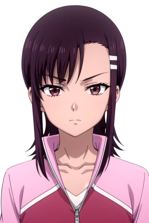 solo, 1girl, looking at viewer, 2D, anime, anime coloring, upper body, (simple background, solid white background:1.3), <lora:jun-iwakakeru:0.8>, jun uehara, track jacket, collarbone, closed mouth