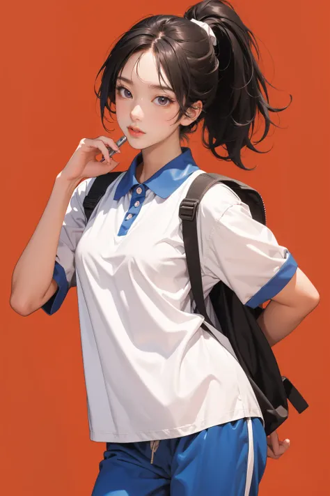 1girl,solo,red background,,ruanyi0533,backpack,blue pants,collared shirt,short sleeves,striped,sneakers,high ponytail,cowboy shot,<lora:0533 Shen Jiayi_v1:1>, best quality,masterpiece,highres,official art,extremely detailed cg unity 8k wallpaper