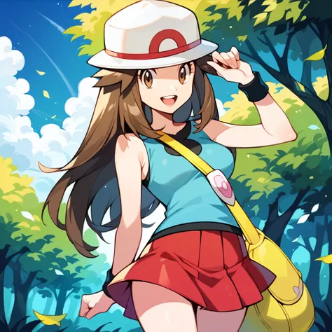 score_9, score_8_up, score_7_up, score_6_up, best quality, source_anime, cel shading, flat color, vector, detailed background, blue background, clouds, trees, forest, BREAK 1girl, solo, leaf_(pokemon), brown hair, long hair, brown eyes, white hat, blue sle...