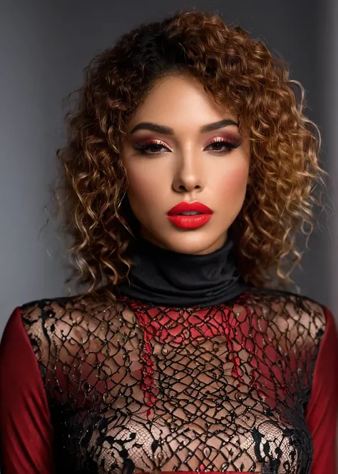 fashion editorial style, (((full body))) of A captivating masterpiece of an woman, (((dressed in a red turtleneck Blouse))), open hair, The intricate lace and gold details exude a very rebellious aura. ((A bold and daring makeup look featuring ombre lips t...