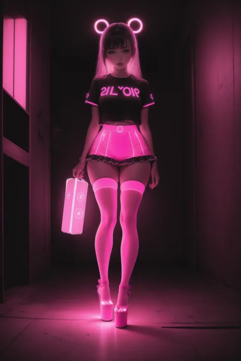 1girl, solo, glowing neon pink platform heels, glowing neon pink thighhighs, <lora:neonthighlingerieheelssd15:0.4>