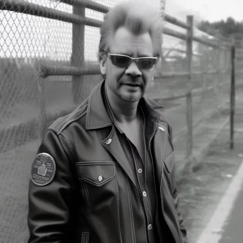 leather, jacket, blurry, fence, dog tags, glasses, motor vehicle, greyscale, stubble