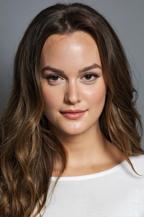 candid photo of a young ohwx woman,wearing a white top, long hair,natural lighting,natural skin,portrait,plain background,  <lora:Leighton_Meester-000006:0.7>