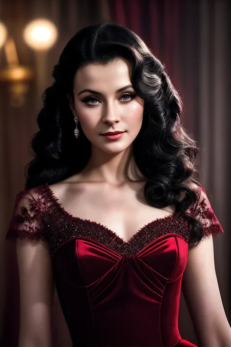 VivienL_SoloTI_v1,
(velvet ball gown in rich crimson, adorned with intricate lace appliqués and pearl embellishments, curls:1.1), 
(seductive), photorealistic, masterpiece, high quality, artistic, unique, award winning photograph, professional, 8k, RAW pho...