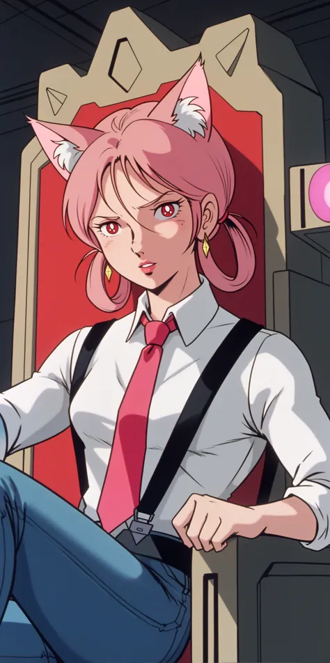 (GZND79:0.8), (score_9, score_8_up, score_7_up, score_6_up, source_anime:0.7), 1girl, catgirl, red eyes, parted lips, hair rings, pink hair, shirt, cutoff jeans, tie clip, throne, earrings, neon cyber alley, glowing neon pathways, underground cybernetics m...