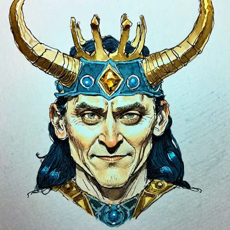 (extremely rough:1.5) (hand drawn:1.5) ink and color  (sketch:1.5) of Loki wearing a golden crown with two long curved horns, holding the glowing blue Tesseract, smirking with a magical aura around him., caricature  in cuneo style, (full character:1.4),   ...