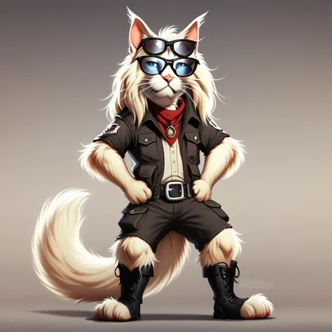 sunglasses, full body, animal focus, boots, animal ears, black-framed eyewear, tail, furry, whiskers, solo