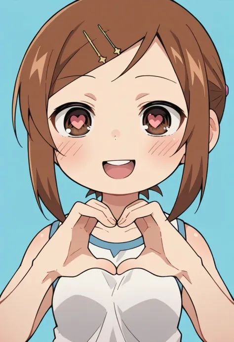 score_9, score_8_up, score_8, source_anime, 1girl, chibi, <lora:Miyashita:0.8> solo, brown hair, blush, hair ornament, hairclip, brown eyes, short hair, smile, white shirt, sleeveless, front view, upper body, mouth open, teeth, heart hands, heart pupils, 
...