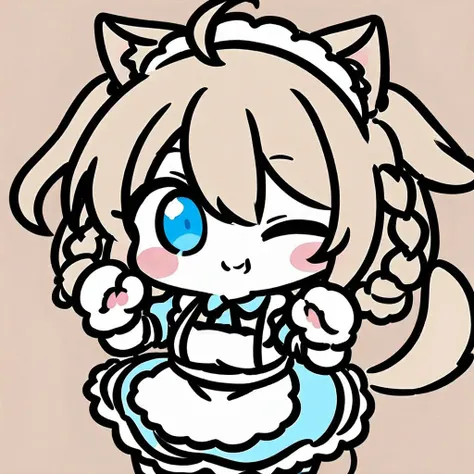 chibi, flat-color-style,(masterpiece),(best quality),high quality,colorful,1girl,solo,bangs,blush,smile,looking at viewer,ahoge,animal ear fluff,animal ears,animal hands,apron,blonde hair,blue eyes,braid,chibi,closed mouth,dog ears,dog tail,dress,enmaided,...