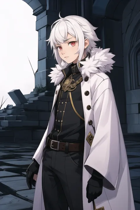 (dark jrpg illustration), (empty tone), (brotherone:1.5), (solo young male:1.5), beautiful features, opalescent red eyes, white hair, bob hairstyle, (slim petite build:1.5), fur collar long coat, white bodysuit, <lora:brotherone:1.0>, fantasy ruins, gloomy...