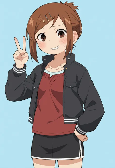 score_9, score_8_up, score_8, source_anime, 1girl, <lora:Miyashita:0.9> solo, brown eyes, brown hair, hair ornament, hairclip, short hair, black jacket, red shirt, black skirt, embarrassed, smile, from front, v sign,
simple background, light blue backgroun...