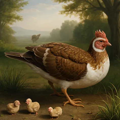 a hen with chicks, extreme detail, hyper realistic,