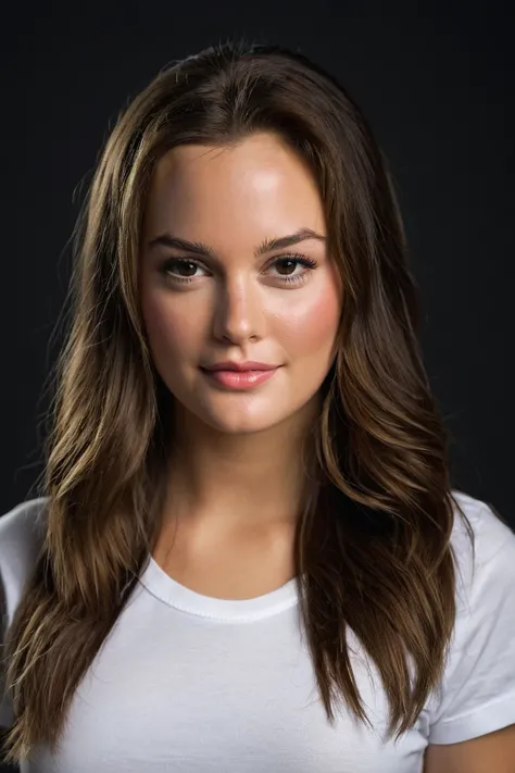 professional photo of a young ohwx woman,wearing a white tshirt, long hair,studio lighting,natural skin,portrait,dark theme, dof  <lora:Leighton_Meester-000006:0.8>